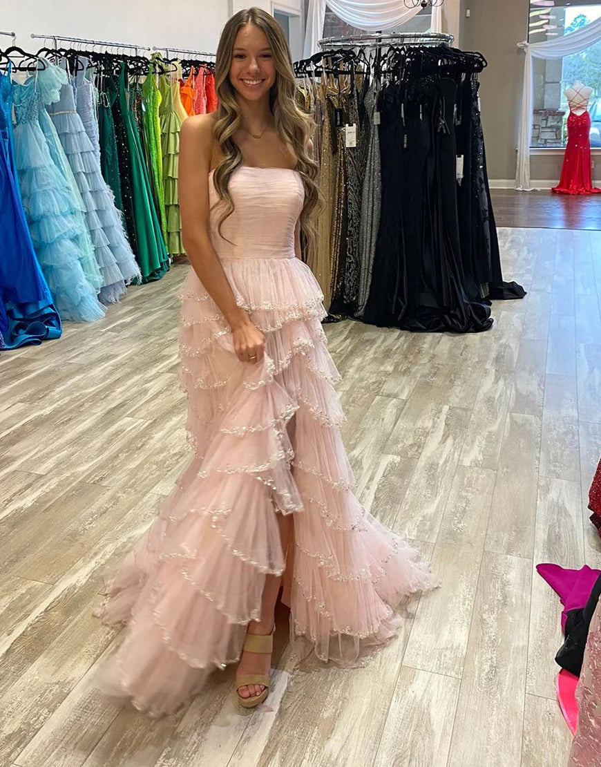 Tulle Off The Shoulder Ruffle Beaded Long Prom Dress With Slit