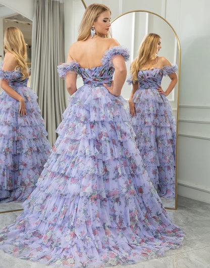 A Line Strapless Tiered Long Prom Dress With Feathers