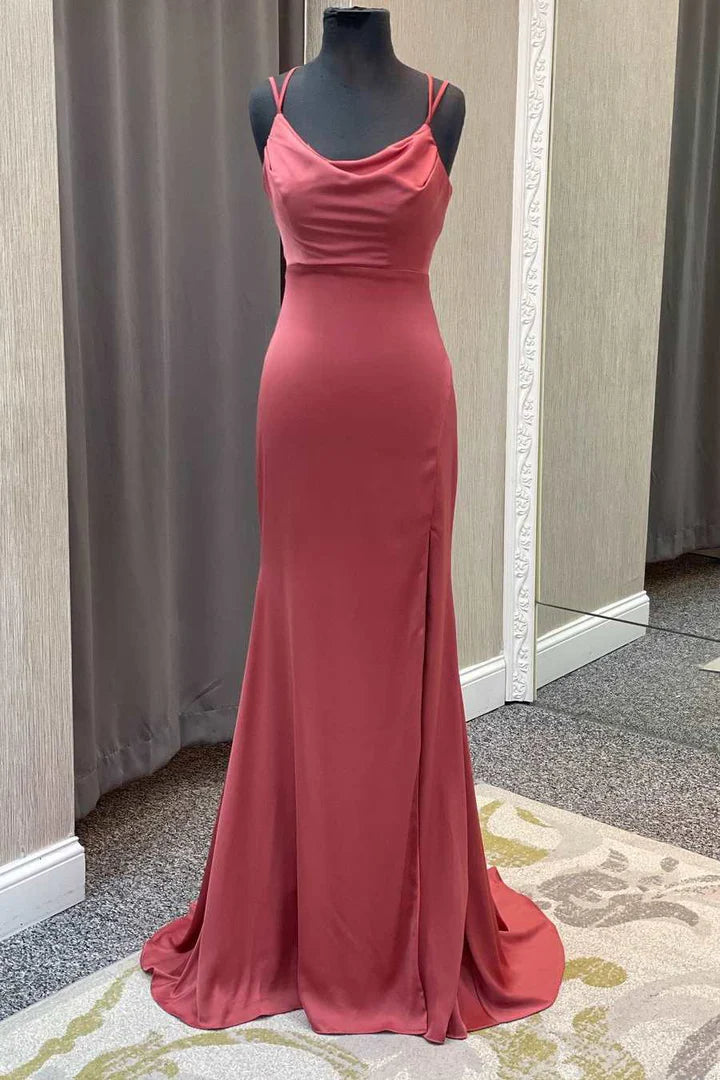 Satin Cowl Neck Lace-Up Mermaid Prom Dress
