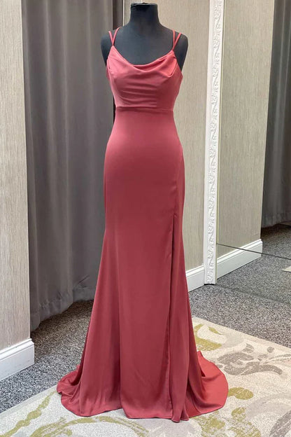 Satin Cowl Neck Lace-Up Mermaid Prom Dress