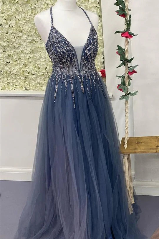 Tulle V-Neck Backless Beaded Long Prom Dress