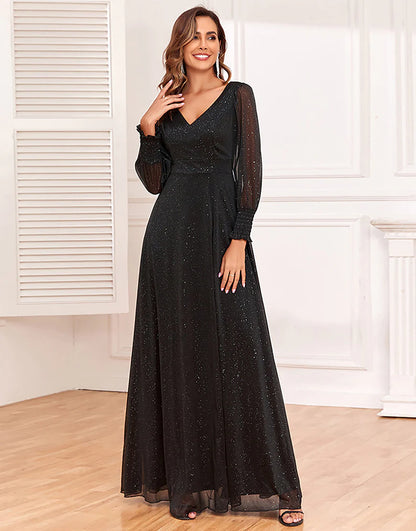 A-Line Long Sleeves Black Mother of The Bride Dress with Slit