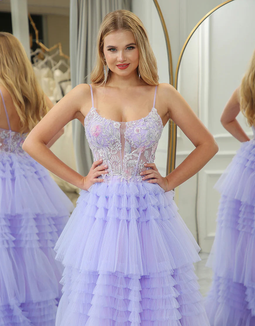 A Line Tiered Tulle Long Prom Dress With Beaded Flower Appliques