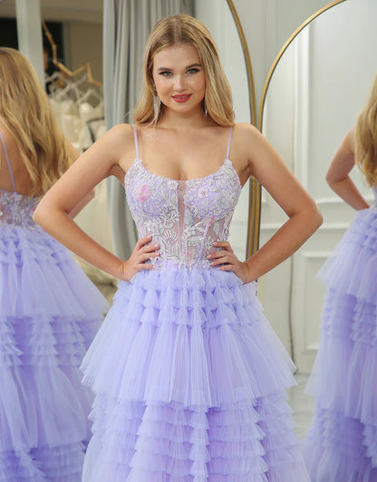 A Line Tiered Tulle Long Prom Dress With Beaded Flower Appliques