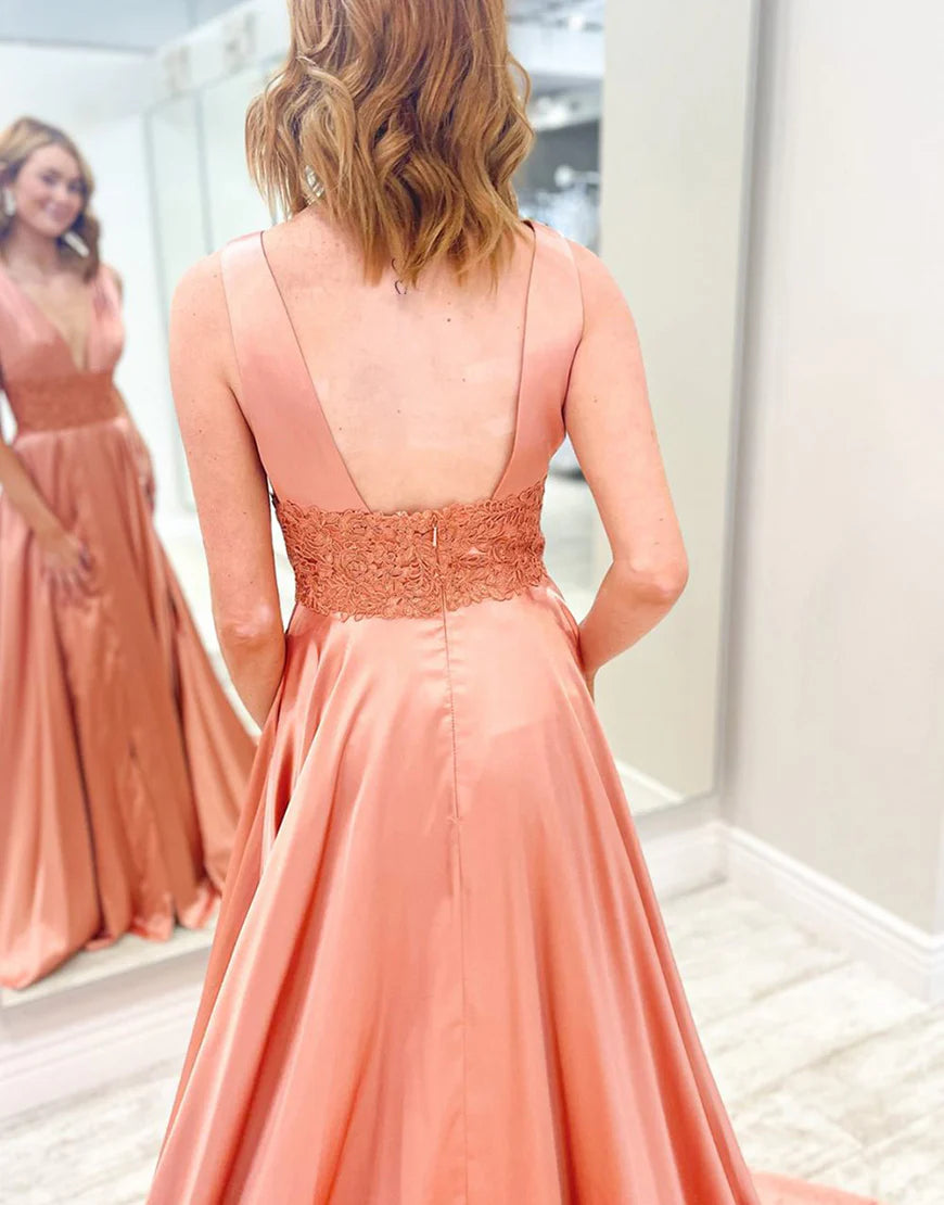 Deep V-neck Satin Prom Dress with Split