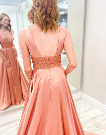 Deep V-neck Satin Prom Dress with Split