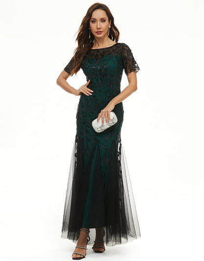 Leaves Sequins Mother Dress with Short Sleeves