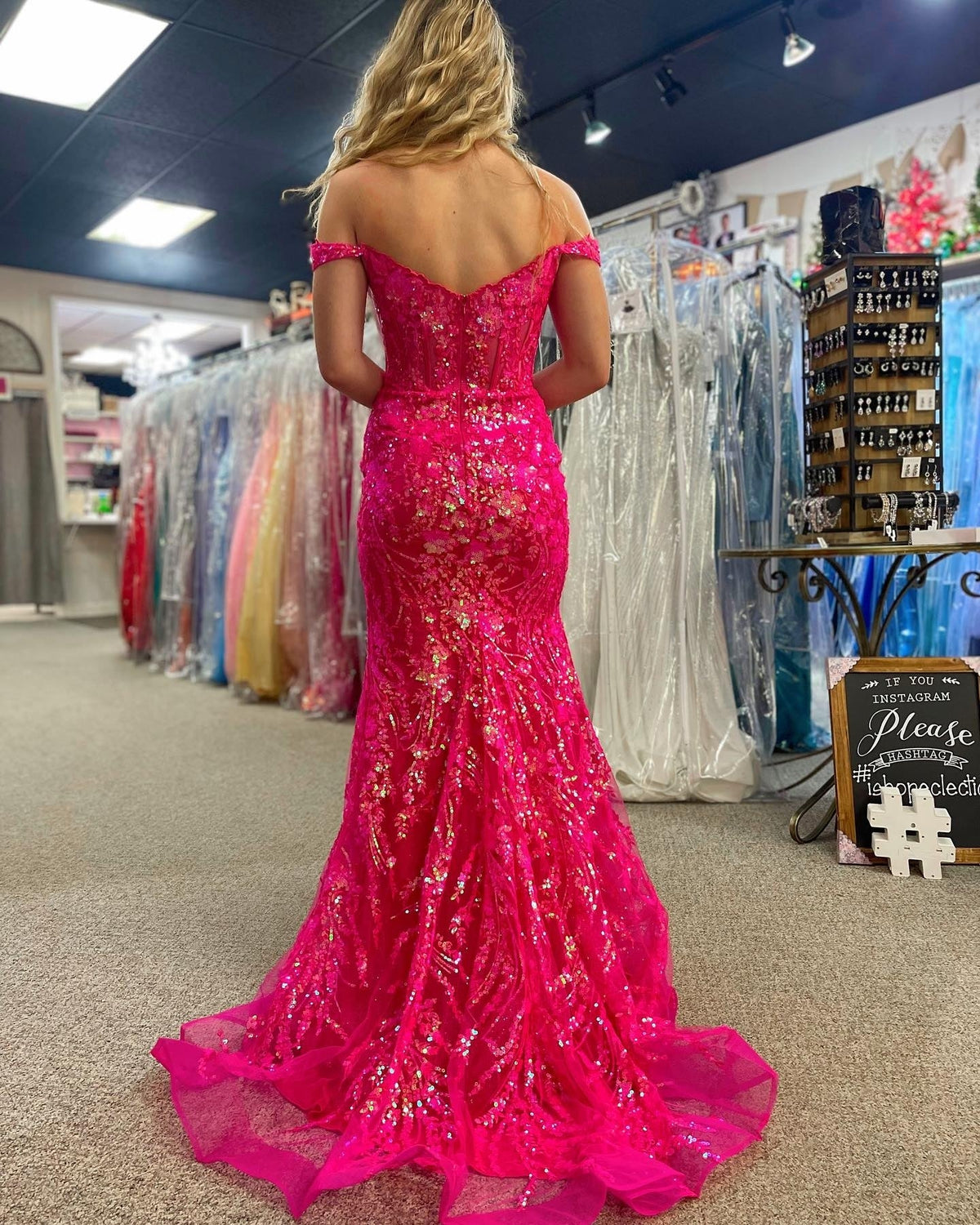 Sparkly Mermaid Off The Shoulder Black Fuchsia Corset Prom Dress with Slit