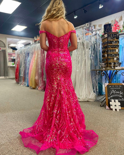 Sparkly Mermaid Off The Shoulder Black Fuchsia Corset Prom Dress with Slit