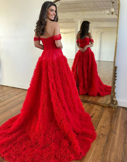 A-Line Off The Shoulder Tiered Long Prom Dress With Slit
