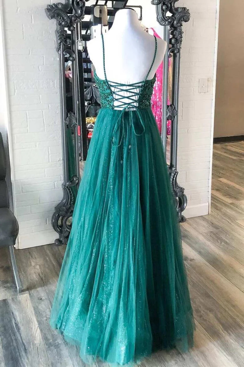Beaded Lace-Up A-Line Prom Dress