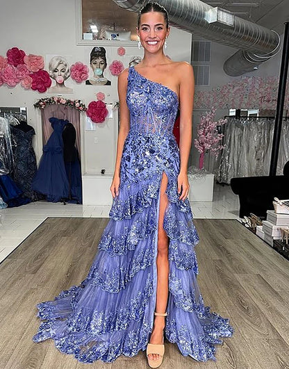 One Shoulder A-Line Tiered Long Prom Dress With Slit