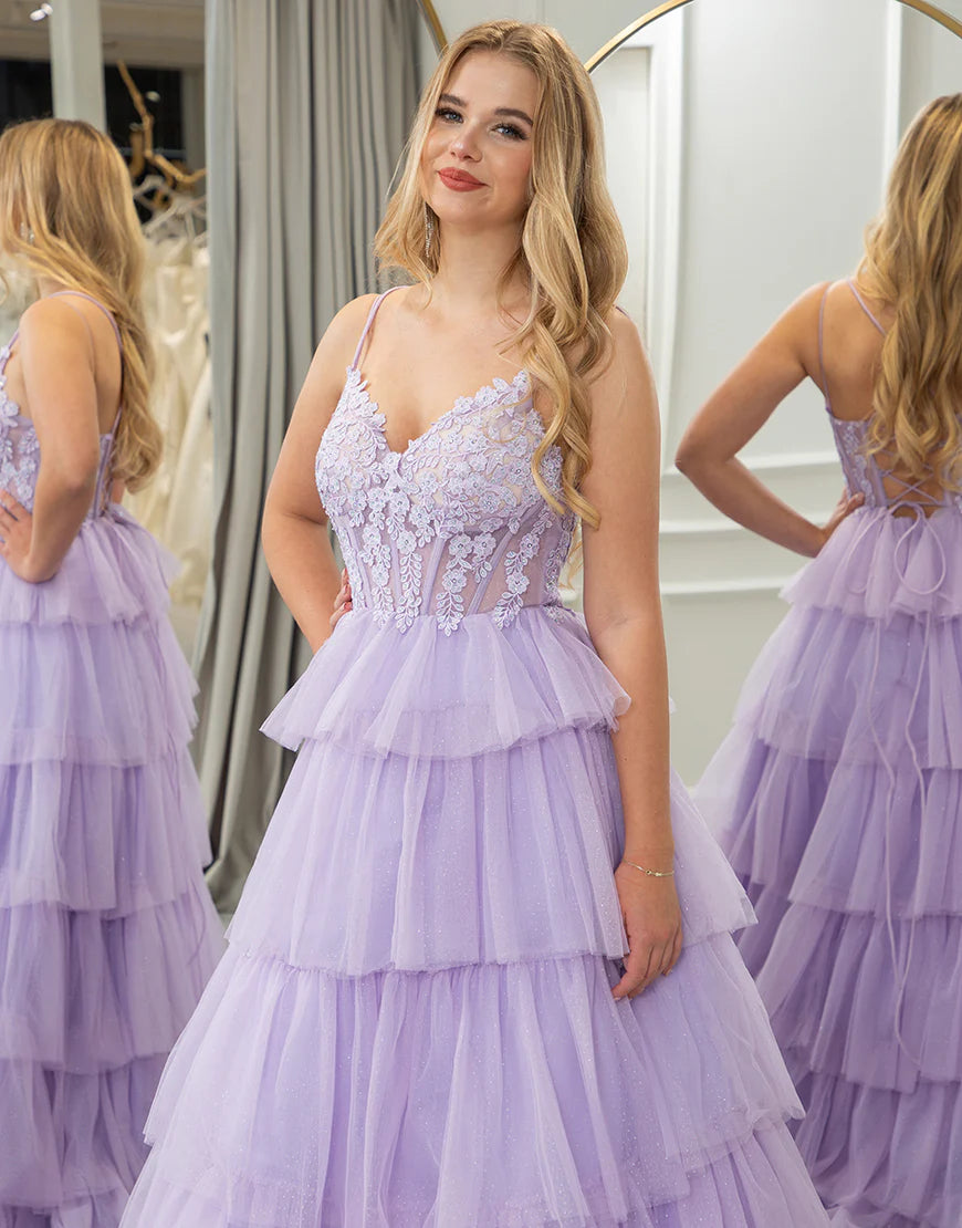 A Line Tiered Long Prom Dress With Appliques