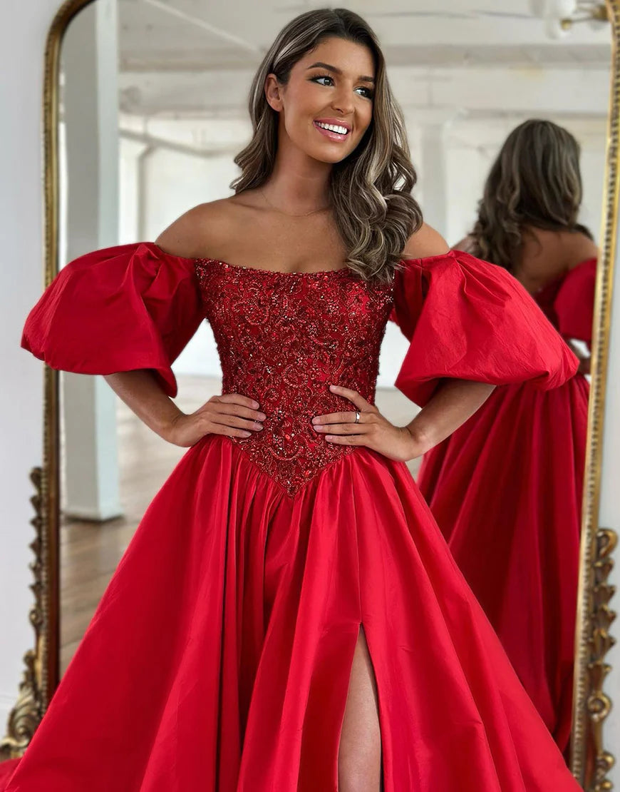 A-Line Strapless Off The Shoulder Long Prom Dress With Puffy