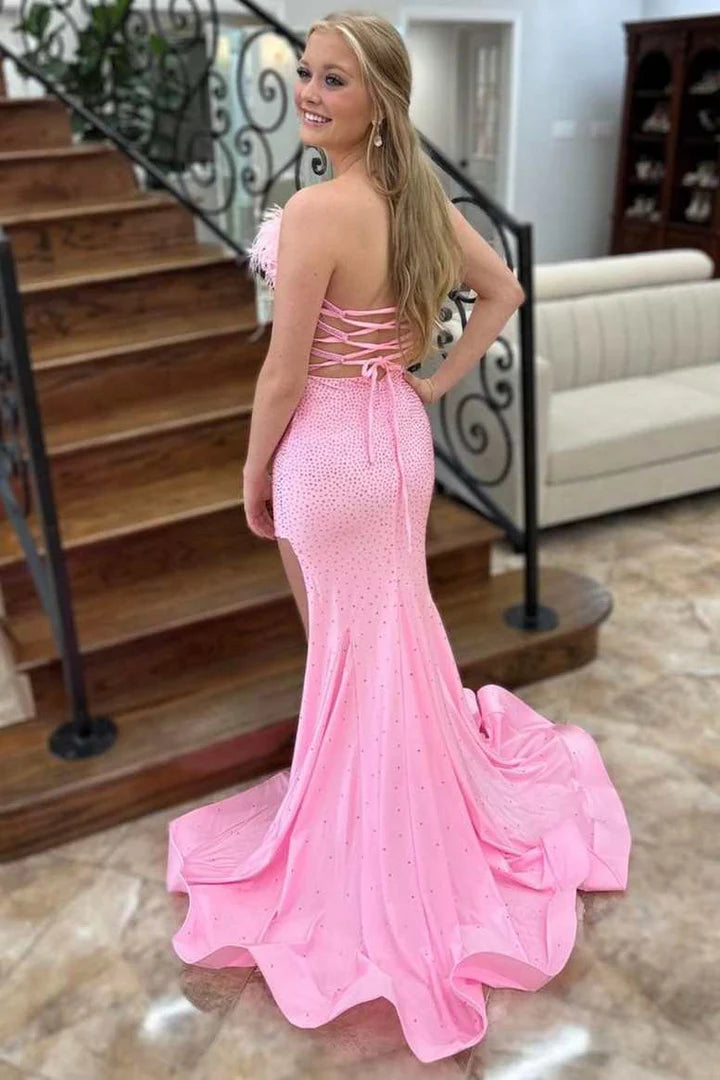 Beaded Feather Strapless Lace-Up Mermaid Long Prom Dress