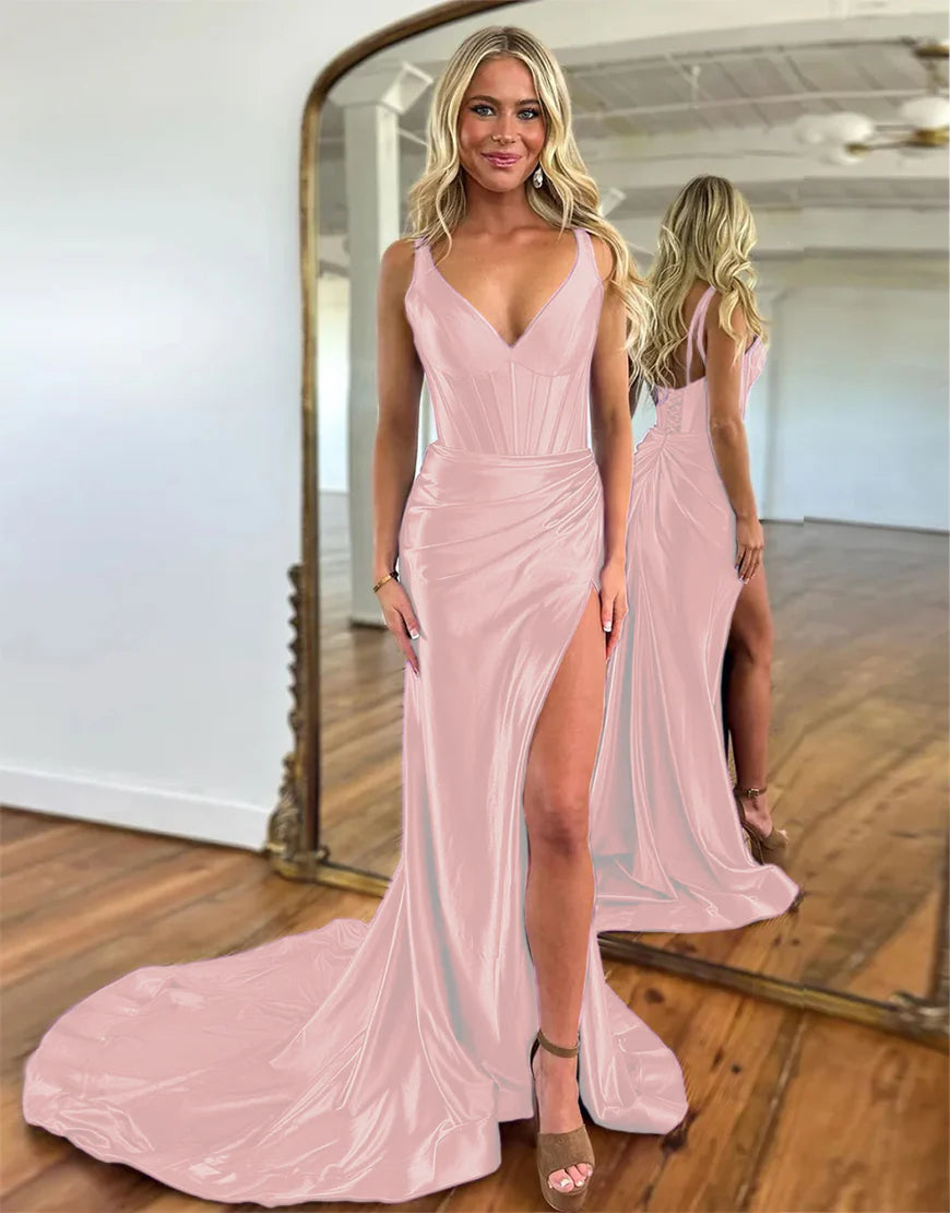 V-Neck Ruched Satin Prom Dress with Slit