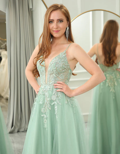 A Line Tulle Long Prom Dress With Appliques