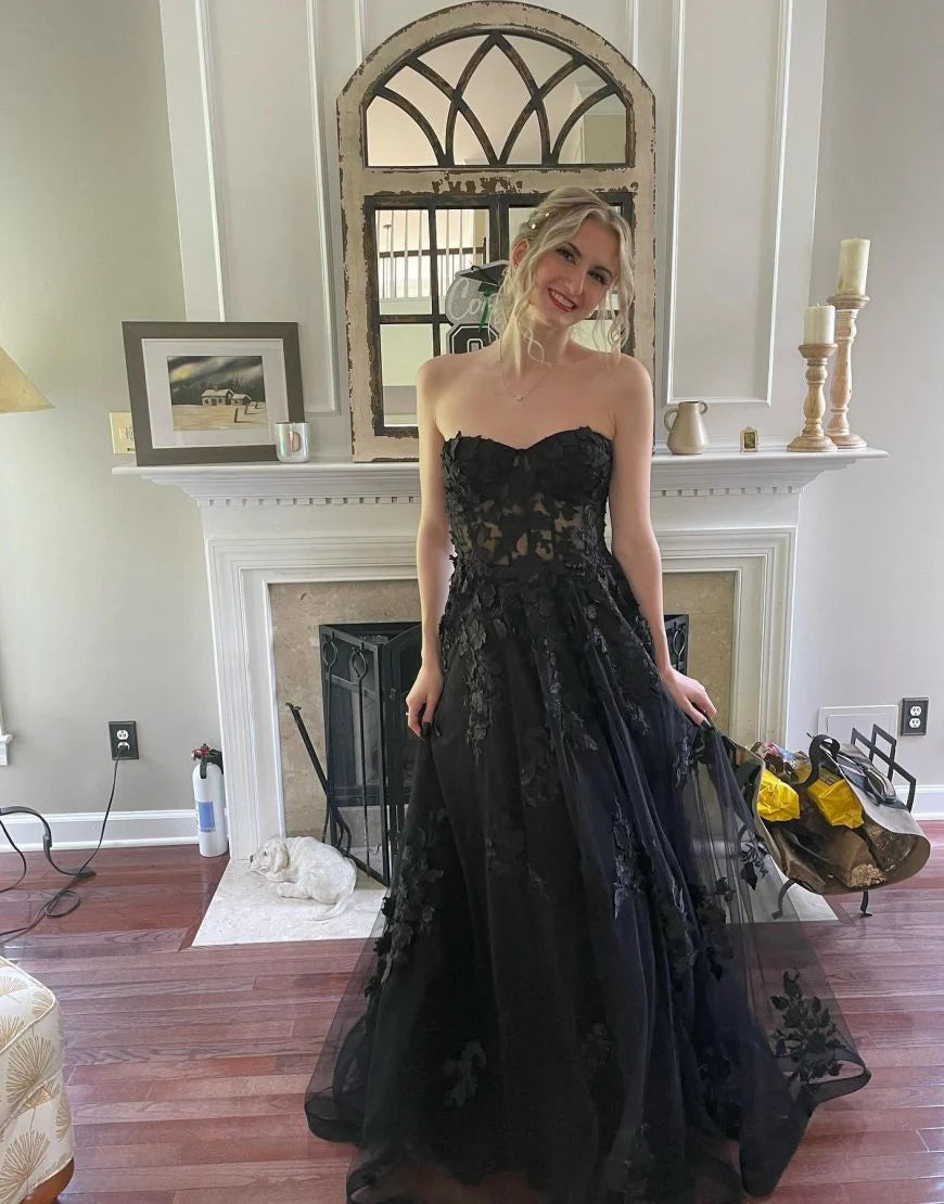 Sweetheart Long Tulle Black Prom Dress