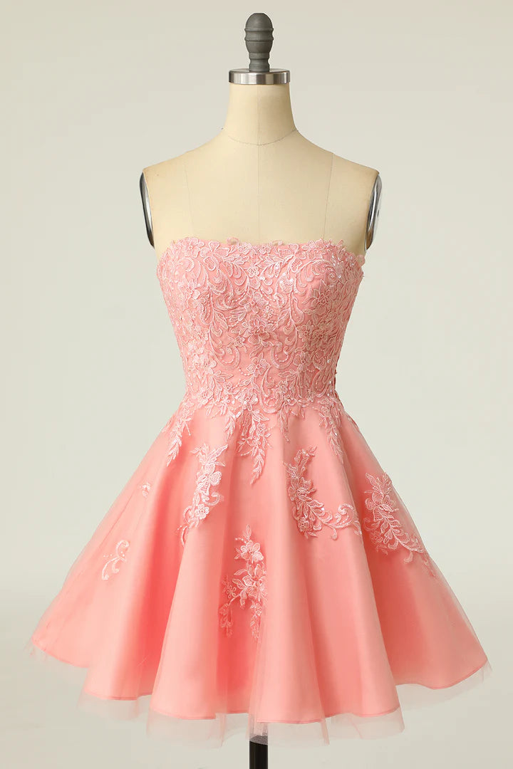 Strapless Lace-Up A-Line Short Homecoming Dress with Floral Lace