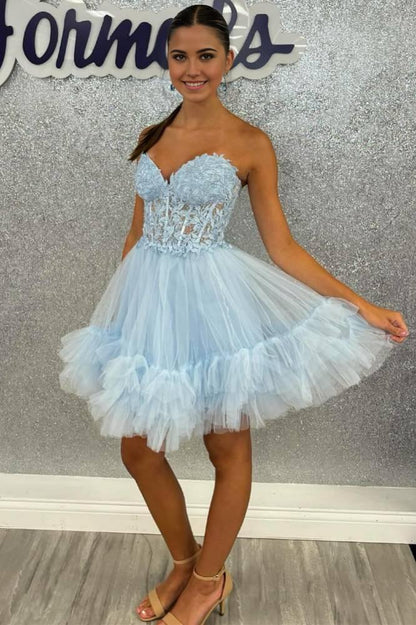 Cute A Line Off-the-Shoulder Sweetheart Tulle Light Blue Short Homecoming Dresses