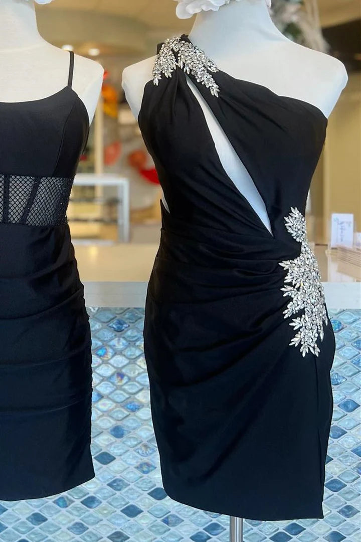 One-Shoulder Keyhole Short Dress with Rhinestones