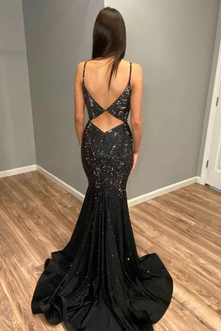 Beaded V-Neck Backless Mermaid Long Prom Dress