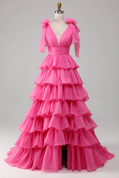 Formal Wear Dresses A-Line Deep V-Neck Pleated layered Backless Long Elegant Prom Dress