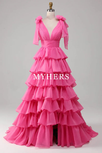 Formal Wear Dresses A-Line Deep V-Neck Pleated layered Backless Long Elegant Prom Dress