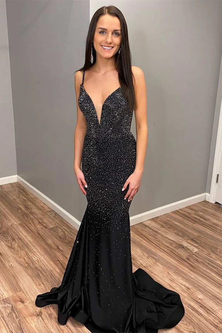 Beaded V-Neck Backless Mermaid Long Prom Dress