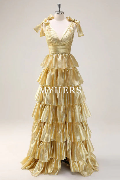 Formal Wear Dresses A-Line Deep V-Neck Pleated layered Backless Long Elegant Prom Dress