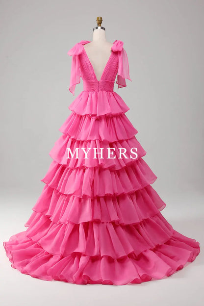 Formal Wear Dresses A-Line Deep V-Neck Pleated layered Backless Long Elegant Prom Dress