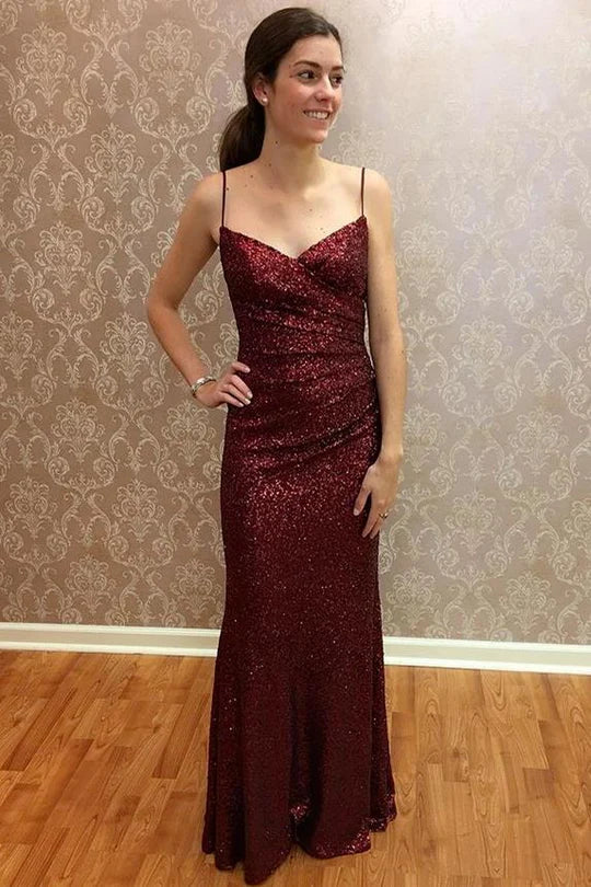 Simple Burgundy Sequin Straps Mermaid Prom Dress