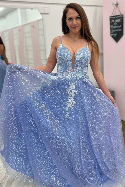 Sparkle  Tulle Flowers Straps Backless A-Line Prom Dress