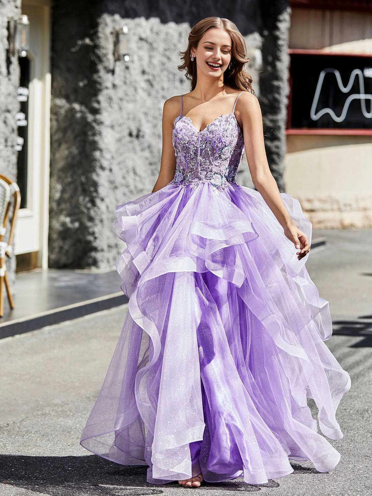 A Line Ball Gown Beaded Top Tulle Prom Dress