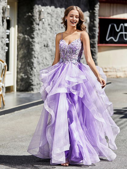 A Line Ball Gown Beaded Top Tulle Prom Dress