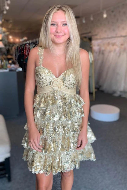 Gold  3D three-dimensional flower Off the Shoulder A-line Ruffle Homecoming Dress