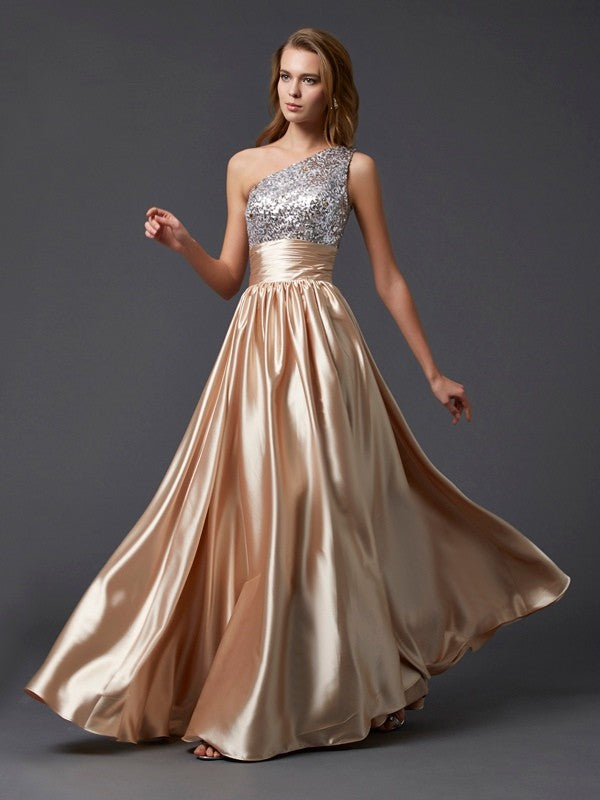A-Line/Princess One-Shoulder Sleeveless Paillette Long Woven Satin Dresses