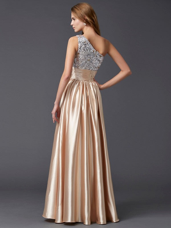 A-Line/Princess One-Shoulder Sleeveless Paillette Long Woven Satin Dresses