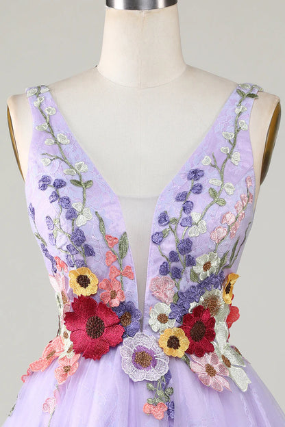 3D Floral V-Neck Backless Homecoming Dress