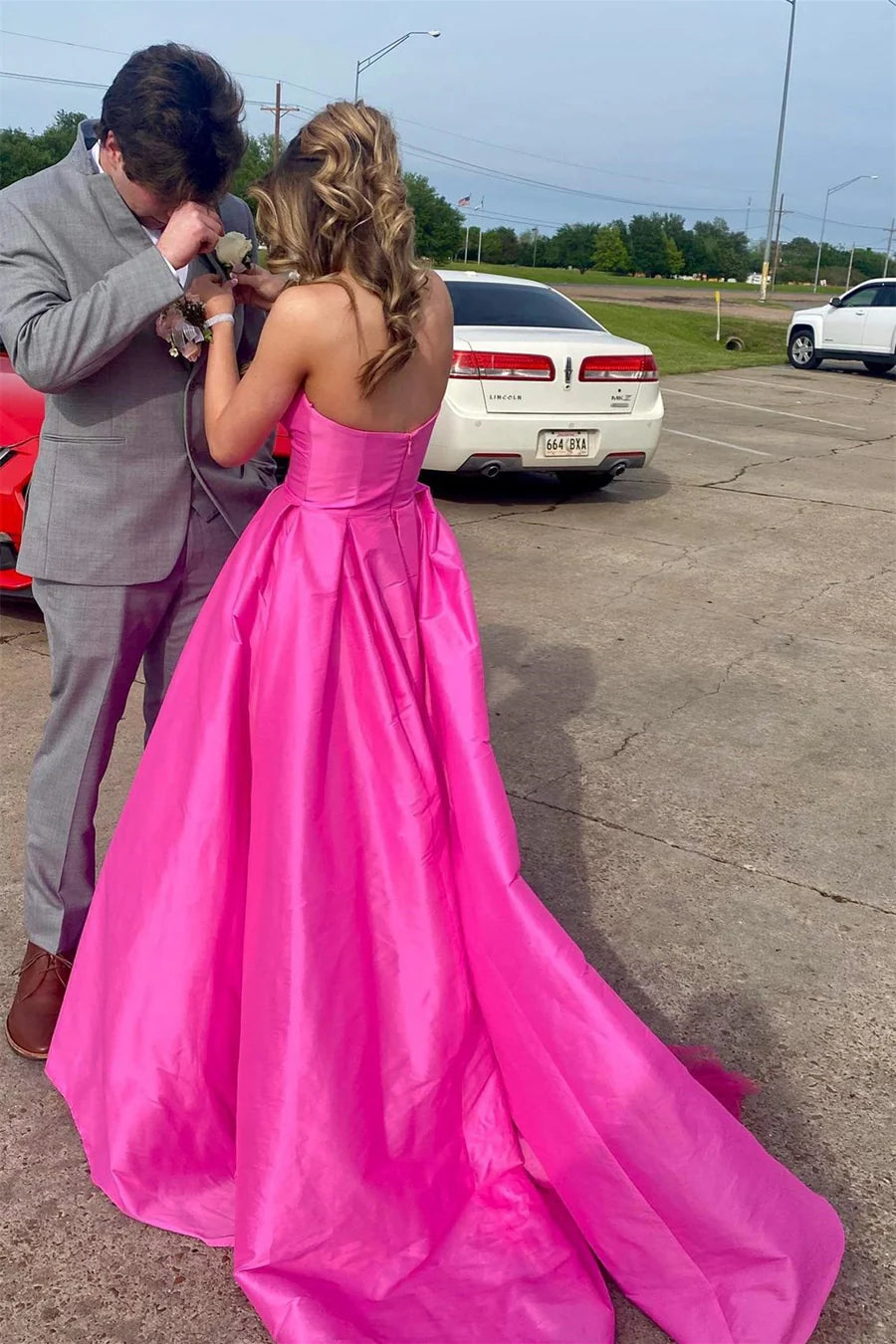 Strapless Satin Sweeping Long Prom Dress