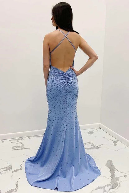 Beaded V-Neck Cross-Back Mermaid Long Prom Gown