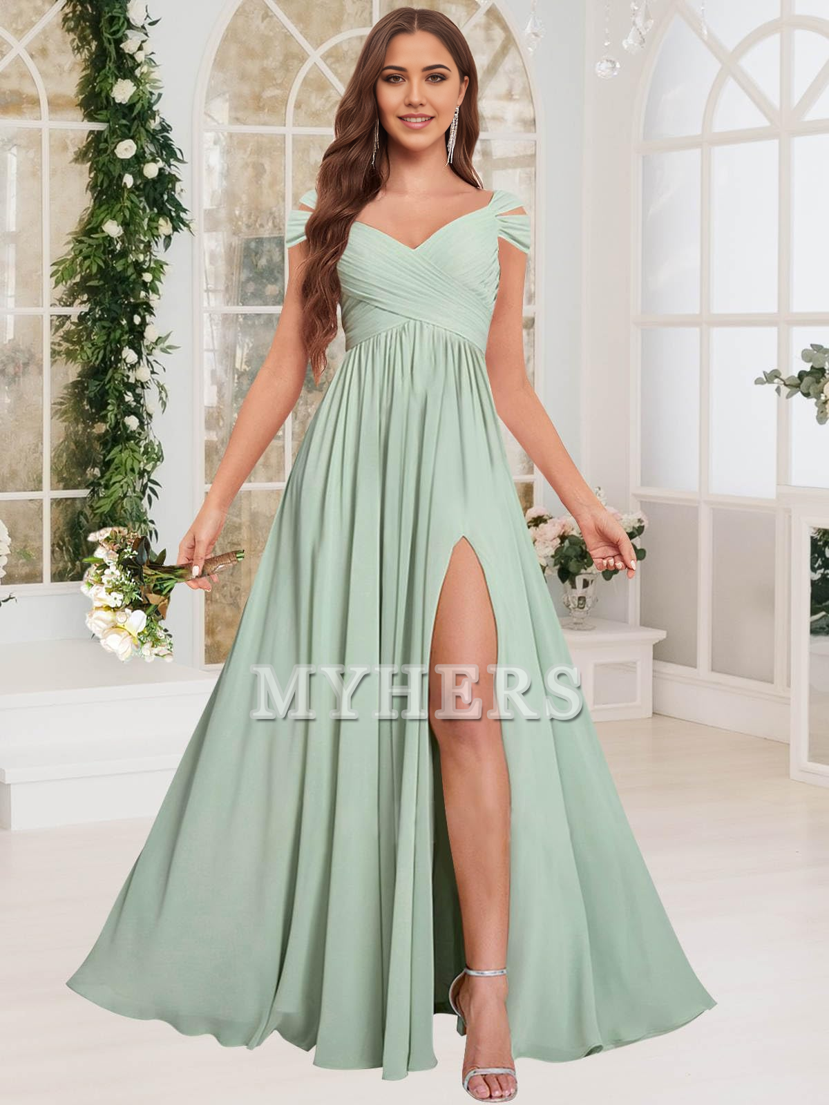 Exquisite V Neck Off The Shoulder Side Fork Chiffon Long Bridesmaid Dresses Wedding Guests Dresses