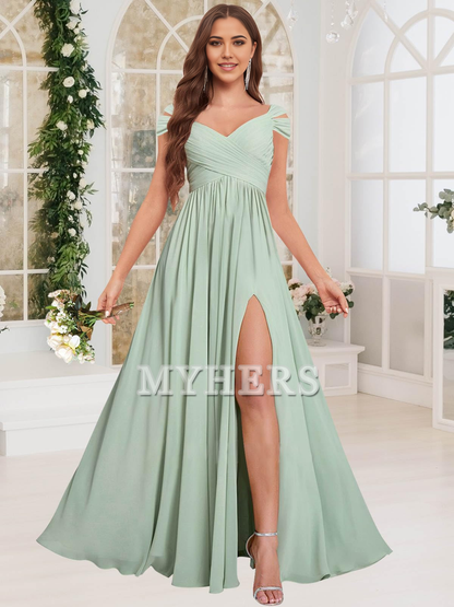 Exquisite V Neck Off The Shoulder Side Fork Chiffon Long Bridesmaid Dresses Wedding Guests Dresses