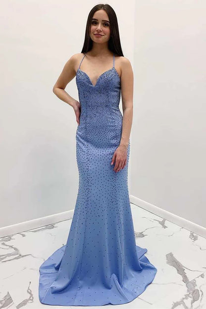 Beaded V-Neck Cross-Back Mermaid Long Prom Gown