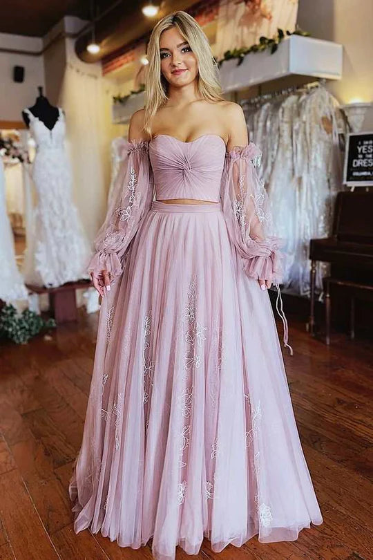 Two-Piece  Strapless A-Line Prom Dress with Sleeves