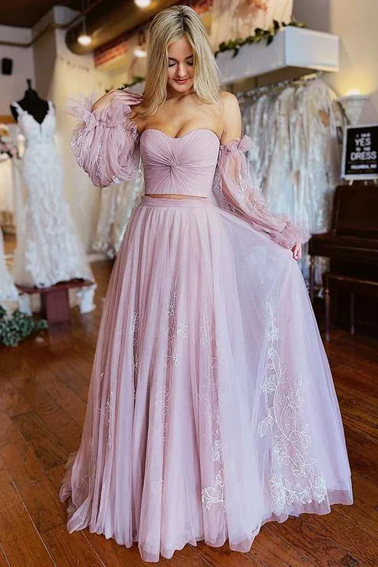 Two-Piece  Strapless A-Line Prom Dress with Sleeves