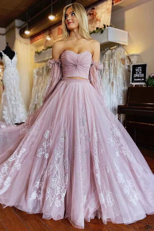 Two-Piece  Strapless A-Line Prom Dress with Sleeves