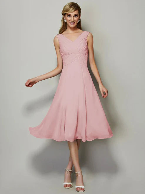A-Line/Princess V-neck Sleeveless Pleats Short Chiffon Bridesmaid Dresses Party Dresses Wedding Guest Dresses