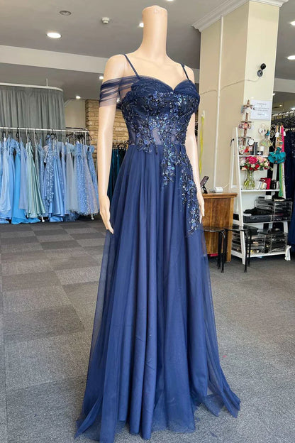 Tulle Appliques Cold-Shoulder A-Line Long Prom Dress