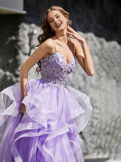 A Line Ball Gown Beaded Top Tulle Prom Dress